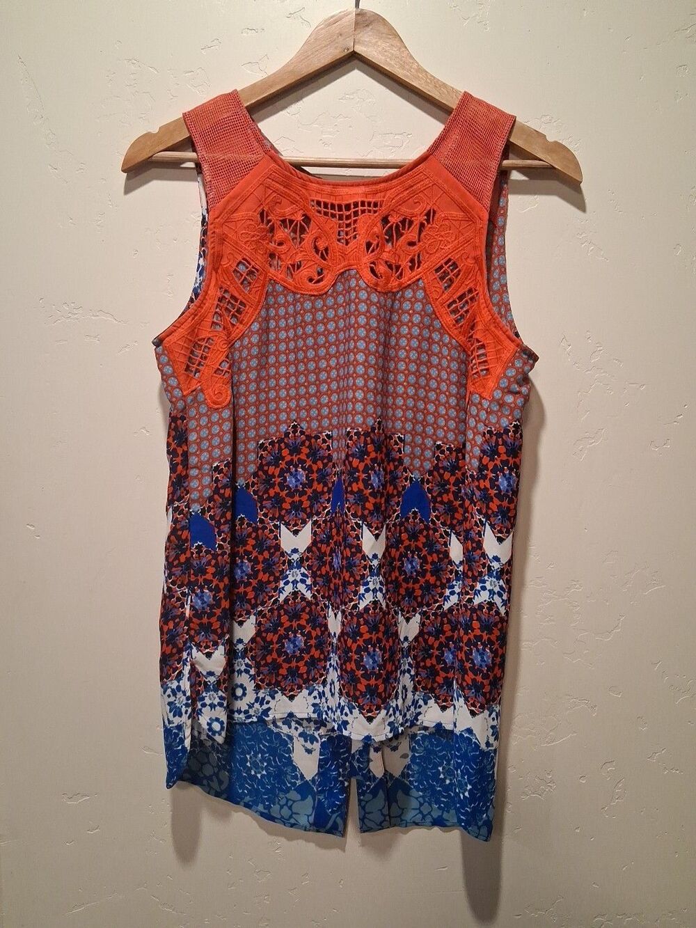 Pale Sky Wmns S Red Lace Blue Red Print Sleeveless Swing Top Patriotic Vacation